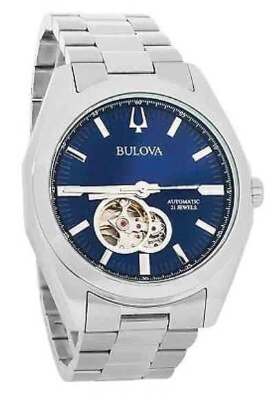 Pre-owned Bulova Classic Surveyor Stainless Steel Blue Open Heart Dial 96a275 Mens Watch