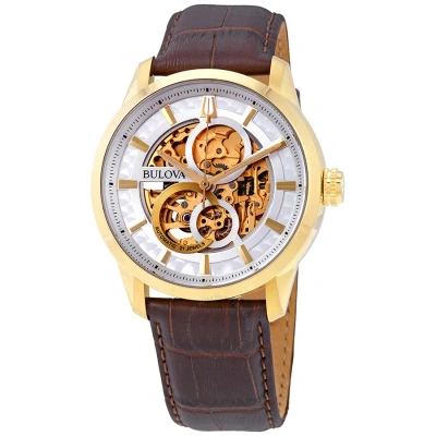 Bulova Classic Sutton Automatic White Dial Men's Watch 97a138 In Brown / Gold Tone / White / Yellow