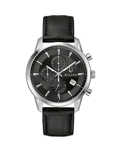 Bulova Classic Sutton Mens Chronograph Black Leather Strap Watch 96b403 In Brown