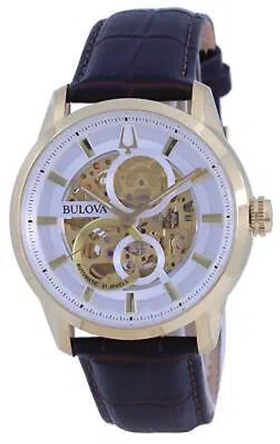 Pre-owned Bulova Classic Sutton Skeleton White Dial Leather Automatic 97a138 Mens Watch