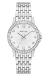 Bulova Crystal Embellished Three Hand Quartz Bracelet Watch, 32mm In Silver