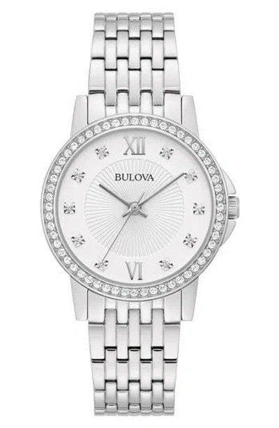 Bulova Crystal Embellished Three Hand Quartz Bracelet Watch, 32mm In Silver