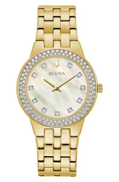 Bulova Crystal Embellished Three Hand Quartz Bracelet Watch & Heart Pendant Necklace Set In Gold