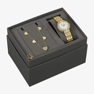 BULOVA CRYSTAL WOMENS CRYSTAL ACCENT GOLD TONE STAINLESS STEEL 2-PC. WATCH BOXED SET 98X138