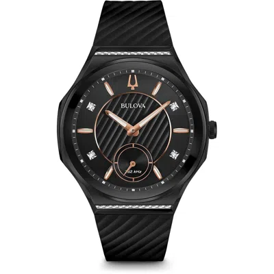 Pre-owned Bulova Curv Quartz Diamond Black Dial Ladies Watch 98r240