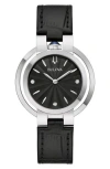 Bulova Diamond Dial Croc Embossed Leather Strap Watch, 35mm In Black