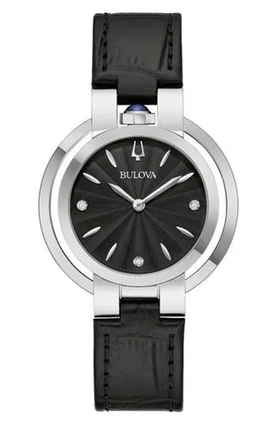 Bulova Diamond Dial Croc Embossed Leather Strap Watch, 35mm In Black