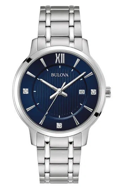 Bulova Diamond Dial Three Hand Quartz Bracelet Watch, 40mm In Silver