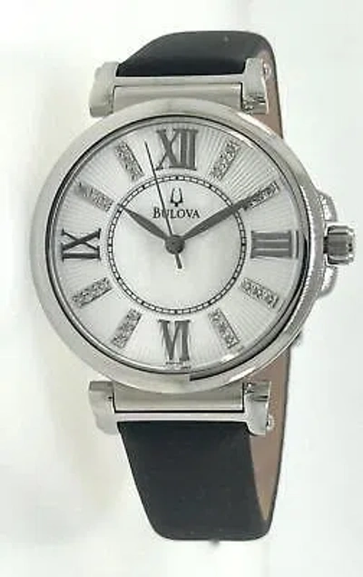 Pre-owned Bulova Diamonds 96p133 Women's Analog Round Mother Of Pearl Black Leather Watch