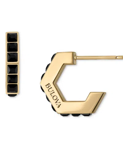 Bulova Gold-tone Ip Stainless Steel Small Black Spinel Hoop Earrings, 0.55" In Gold Tone