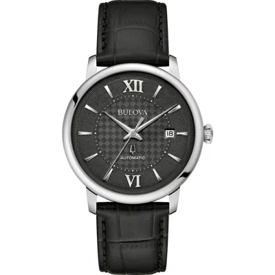 Bulova Unisex Automatic Hudson Black Leather Strap Watch 39mm In No Color