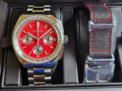 Pre-owned Bulova Lunar Pilot Red Dial Men's Chronograph Stainless Steel Watch 96k115