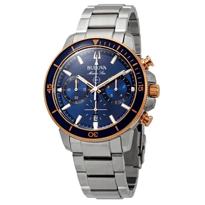 Pre-owned Bulova Man's Marine Star Chronograph Blue Dial Two Tone Watch 98b301