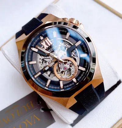 Pre-owned Bulova Maquina Automatic Sapphire Rose Gold Black Dial Silicone Watch 98a177