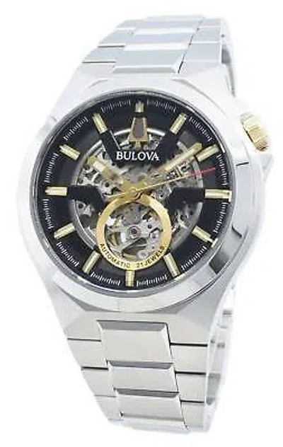 Pre-owned Bulova Maquina Black Skeleton Dial Automatic Sapphire 98a224 100m Mens Watch