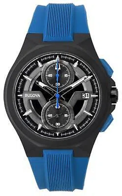 Pre-owned Bulova Maquina Chronograph Black Dial Blue Strap Quartz 98b380 100m Men's Watch