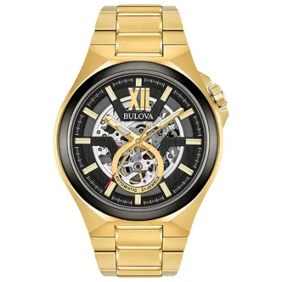 Bulova Maquina Mens Automatic Gold Tone Stainless Steel Bracelet Watch 98a178 In Yellow