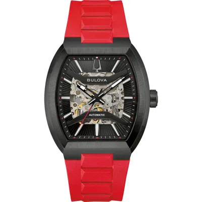 Bulova Maquina Skeleton Automatic Bracelet Watch In Red