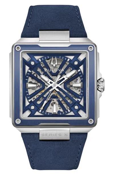 Bulova Marc Anthony Series X Automatic Leather Watch In Blue