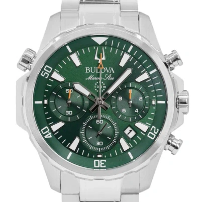 Pre-owned Bulova Marine Star 96b396 Green Dial Silver Tone Stainless Steel Men's Watch