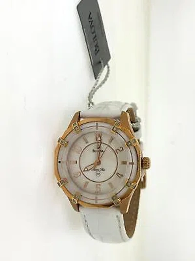 Pre-owned Bulova Marine Star 98r150 Women White Leather Rose Gold Tone Diamond Bezel Watch
