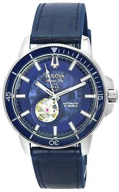 Pre-owned Bulova Marine Star Automatic Blue Dial Leather Band Diver's 96a291 Men's Watch