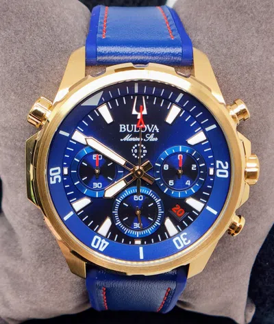 Pre-owned Bulova Marine Star Blue Dial 97b168 Gold Tone Silicone Strap Men's Watch