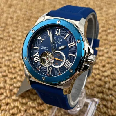 Pre-owned Bulova Marine Star Blue Dial Rubber Strap Stainless Steel Men's Watch 98a303