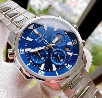 Pre-owned Bulova Marine Star Blue Dial Silver Tone Stainless Steel Men's Watch 96b256