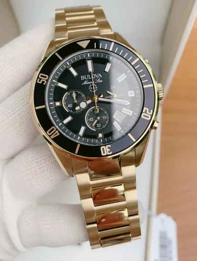 Pre-owned Bulova Marine Star Gold Tone Men's Black Dial Chronograph Watch 98b250