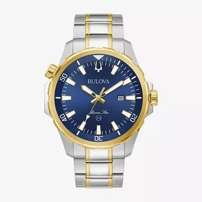 BULOVA MARINE STAR MENS TWO TONE STAINLESS STEEL LEATHER BRACELET WATCH 98B384