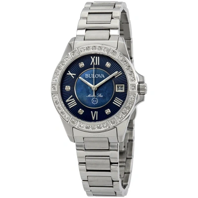 Bulova Marine Star Midnight Blue Mother Of Pearl Diamond Dial Ladies Watch 96r215 In Blue / Mother Of Pearl