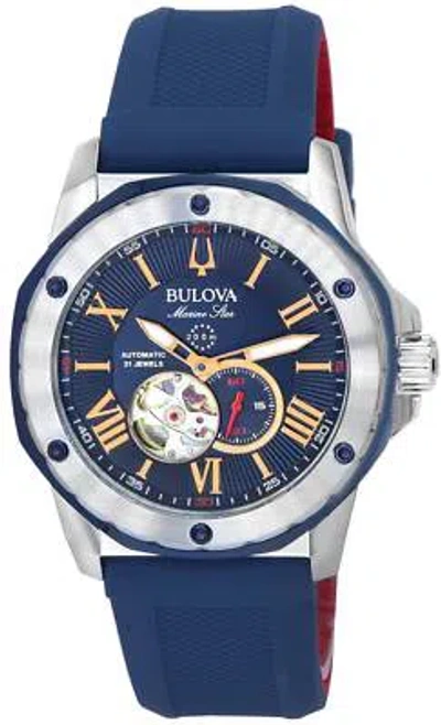 Pre-owned Bulova Marine Star Open Heart Blue Dial Diver Silicone Strap 98a282 Mens Watch