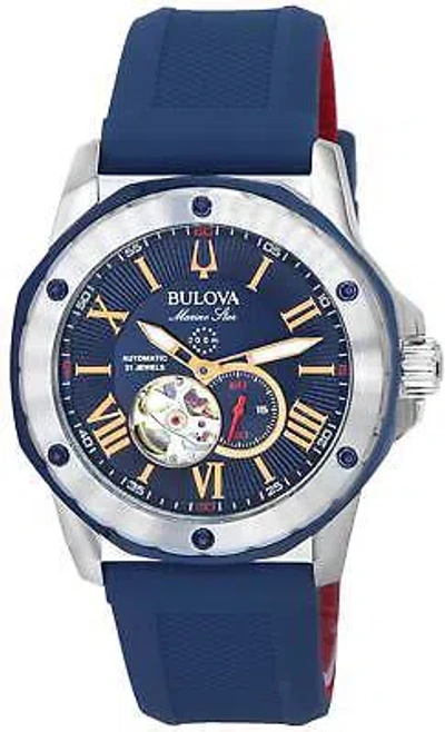 Pre-owned Bulova Marine Star Open Heart Blue Dial Divers Silicone Strap 98a282 Mens Watch