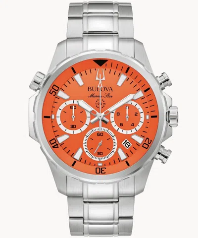 Pre-owned Bulova Marine Star Orange Dial Silver Tone Stainless Steel Men's Watch 96b395