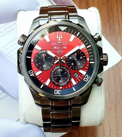 Pre-owned Bulova Marine Star Red Dial Chronograph Stainless Steel Men's Watch 98b350