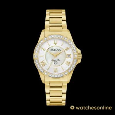 Pre-owned Bulova Marine Star Women's Quartz Gold-tone Diamond Accent 32mm Watch 98r294