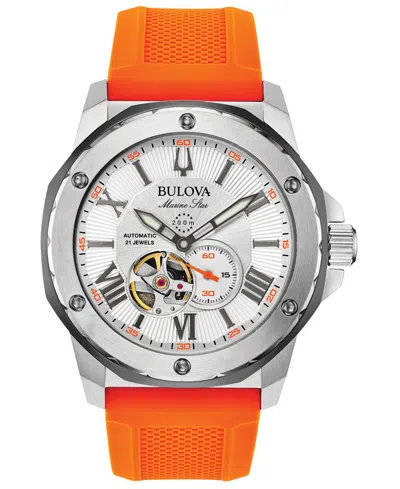 BULOVA MEN'S AUTOMATIC MARINE STAR ORANGE SILICONE STRAP WATCH 45MM