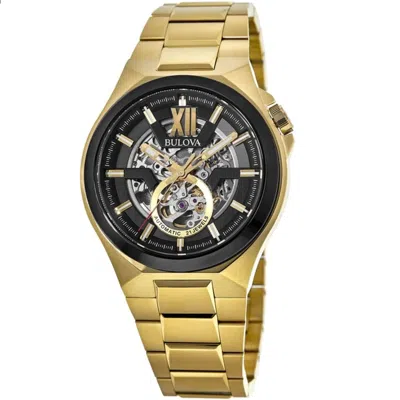 Bulova Men's Black Dial Watch In Gold