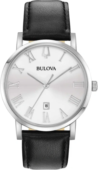 Pre-owned Bulova Men's Classic 3-hand Calendar Date Quartz Leather Strap Watch, Roman Nume In Black Strap/stainless/ White Dial