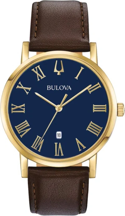Pre-owned Bulova Men's Classic 3-hand Calendar Date Quartz Leather Strap Watch, Roman Nume In Brown Strap/gold Tone/ Blue Dial