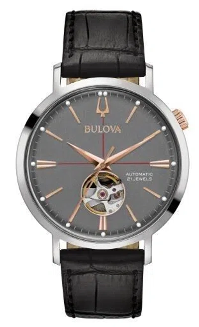 Pre-owned Bulova Men's Classic Aerojet Automatic Skeleton Black Leather Watch 41 Mm 98a187