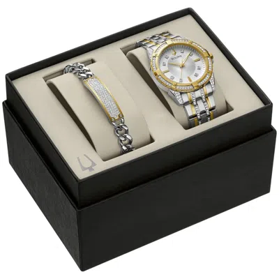 Pre-owned Bulova Men's Crystal Accent Quartz Silver Gold Watch Bracelet Set 42mm 98k108