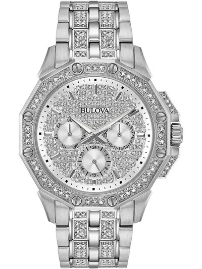 Pre-owned Bulova Men's Crystal Octava Chronograph Quartz Watch Pave Crystal Dial 96c134 In Stainless Steel