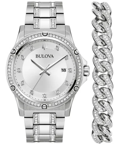 Bulova Men's Crystal Stainless Steel Bracelet Watch 42mm Gift Set In Silver-tone