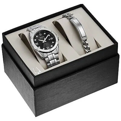 Pre-owned Bulova Men's Diamond Accent Watch And Id Bracelet Box Set 96k106