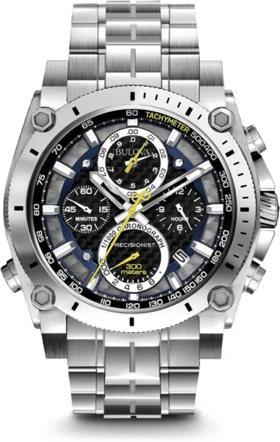 Pre-owned Bulova Men's Icon High Precision Quartz Chronograph Watch, Curved Mineral Crystal, 300m In Stainless Steel/ Blue And Yellow Accents