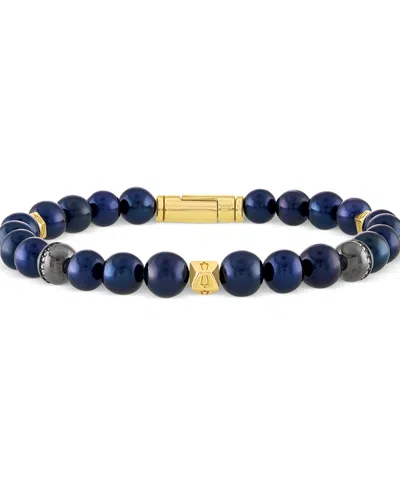 Bulova Men's Marine Star Blue Freshwater Pearl (8mm) & Diamond (1/5 Ct. T.w.) Beaded Bracelet In 14k Gold-p In Na