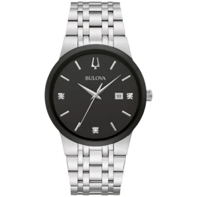 Pre-owned Bulova Men Modern Silver Stainless Diamond Quartz Watch Black Dial 40mm 96d154