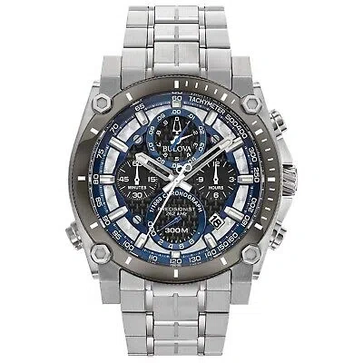 Pre-owned Bulova Men's Precisionist 8-hand Chronograph Watch 98b316 In Stainless Steel/grey And Blue Accents